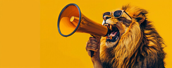 Fototapeta premium A cool lion with sunglasses, holding a megaphone, roaring on a bright yellow background. The megaphone amplifies his powerful roar, creating an energetic vibe.