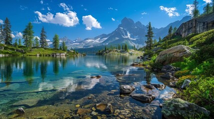 Mountain Lake with Clear Water and Rocky Shore