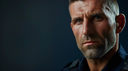Obraz premium Charismatic male policeman in uniform on dark background