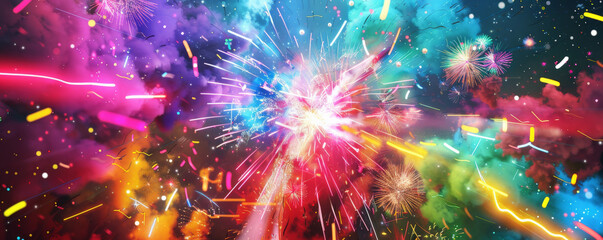 A dynamic 2025 Happy New Year banner with exploding fireworks, bright colors, and bold, celebratory text.