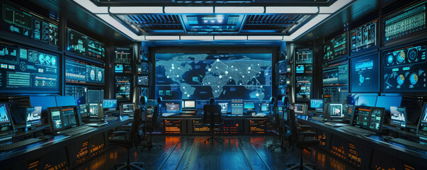 A striking banner with a view of a command center filled with advanced communication and control equipment, emphasizing strategic operations.