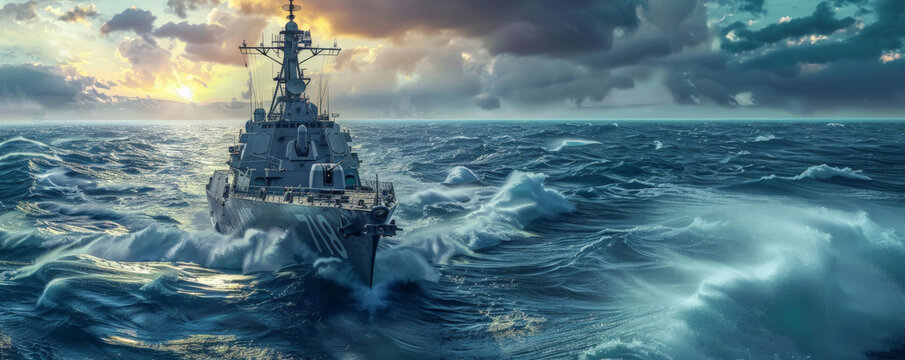 A banner depicting a naval destroyer at sea, equipped with advanced weaponry and radar systems, symbolizing maritime strength and defense.