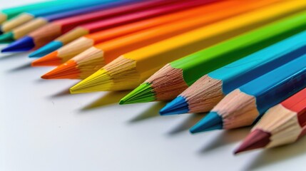 Fototapeta premium Colored pencil sets neatly arranged on a white backdrop