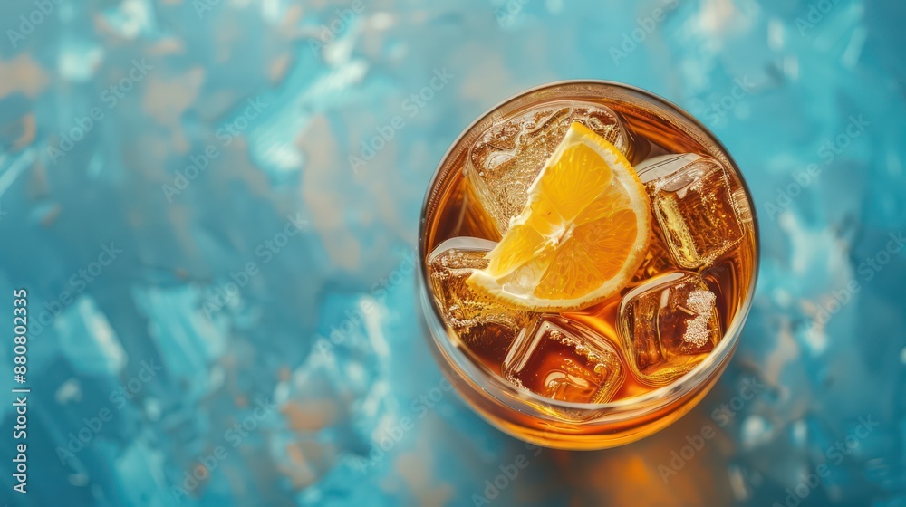Poster glass of whiskey with ice cubes and a citrus twist.