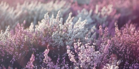 A natural landscape with a variety of purple and white flowers in bloom, suitable for use in travel or nature-themed projects