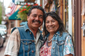 Portrait of a cheerful indian couple in their 40s wearing a rugged jean vest over charming small town main street