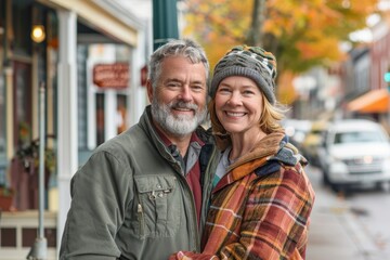 Portrait of a merry couple in their 50s wearing a trendy bomber jacket on charming small town main street