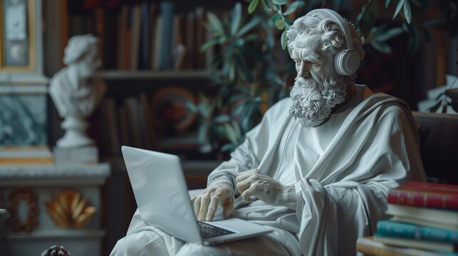 A 8k render of greek statue version of euclid wearing beats headphones, placed on top of some books, studying maths on his laptop and focusing hard, aesthetic, classical, ultra detailed, 8k, pastel