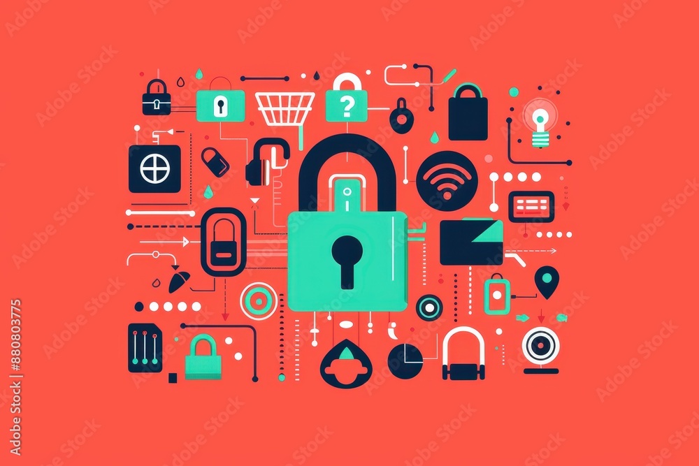 Poster colorful illustration of various padlocks and security icons representing cybersecurity, data protec