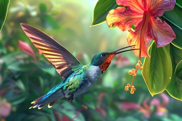 Fototapeta premium Colorful Hummingbird Hovering Near a Vibrant Flower in Full Bloom, Capturing the Beauty of Nature and the Graceful Movement of this Delicate Bird in its Natural Habitat