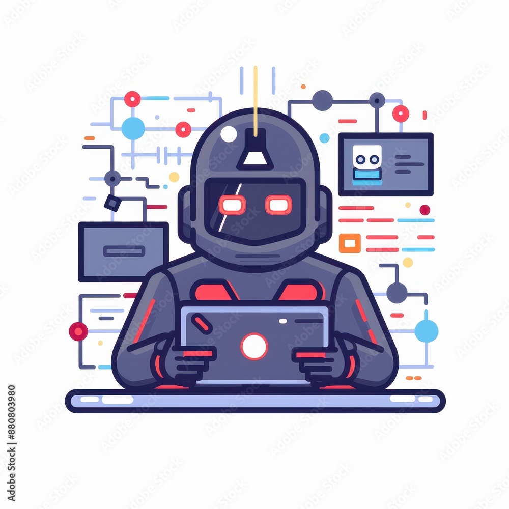 Poster Futuristic robot working on a tablet with abstract technological background, representing AI and advanced technology.