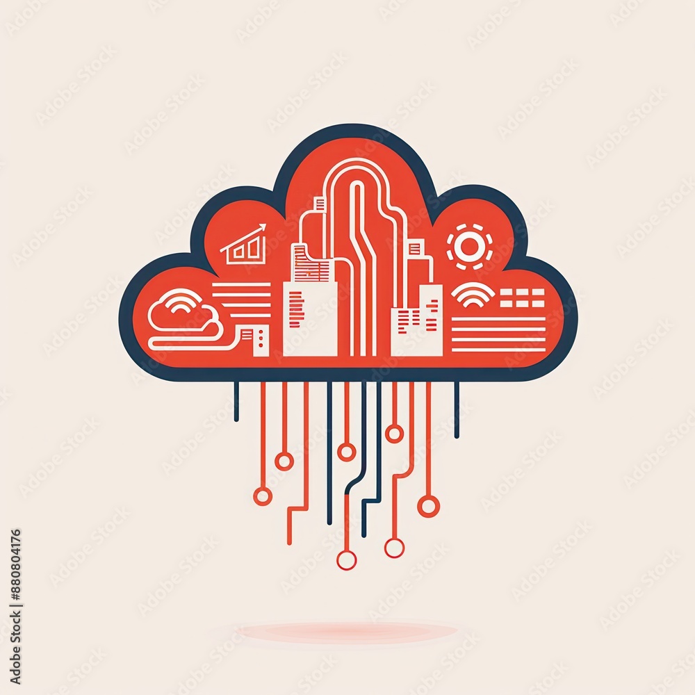 Leinwandbilder Vector illustration of a cloud computing concept with digital circuit elements representing data storage, connectivity, and modern technology.