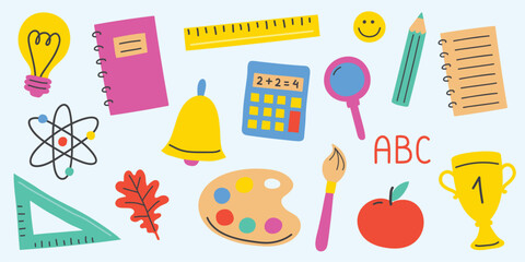 Collection of a cartoon icons. Back to School design. Vector illustration