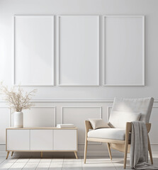Fototapeta premium Minimalist Living Room with White Walls, Wooden Sideboard, and Three Empty Mock-up Poster Frames