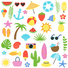 Cute hand drawn summer stickers. Creative background with cartoon vacation icons. Vector illustration