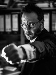 A businessman in a suit points at something, possibly presenting an idea or highlighting a point