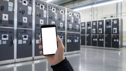 Hand holding smartphone with blank screen in front of automated lockers in a modern facility. Concept of technology, storage solutions, and smart devices