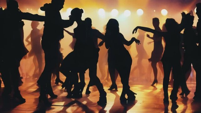 Silhouetted dancers move rhythmically in a neon-lit room, exuding energy and joy. Energetic dance party with vibrant backdrop