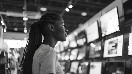 A person standing in front of a large wall of TVs with various screens displaying different content
