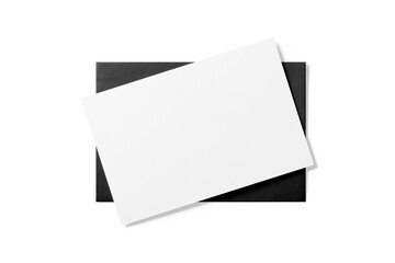 Black paper envelope mockup with paper sheet isolated on a transparent background, PNG. High resolution. 