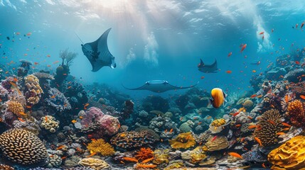 Fototapeta premium A coral reef bustling with life, from tiny crustaceans to majestic manta rays gliding overhead