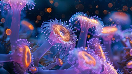 Fototapeta premium A close-up of coral polyps feeding at night, illuminated by bioluminescent organisms