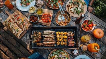Fototapeta premium Outdoor BBQ party with friends and a variety of grilled foods