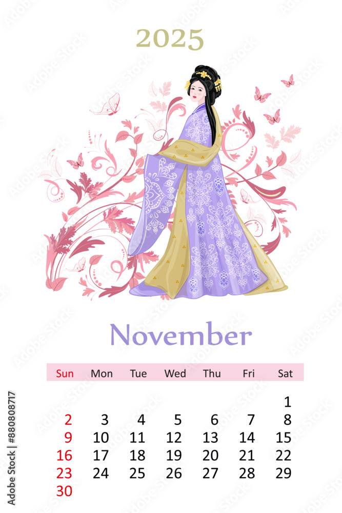 Wall mural november 2025 calendar with beautiful asian girl in traditional