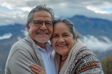 Obraz premium Portrait of a smiling latino couple in their 50s wearing a chic cardigan while standing against panoramic mountain vista