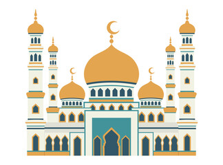 Islamic mosque building. Beautiful muslim temple with crescents. Eastern cultural landmark. Vector flat illustration isolated on white background
