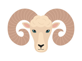 Ram head with big horns. Sheep portrait. Aries zodiac sign. Vector flat illustration isolated on white background