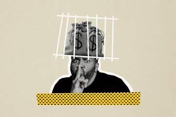 Composite trend artwork sketch image collage of young man grimace finger gesture shhh half head...