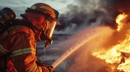 Fototapeta premium A firefighter uses a hose to extinguish a blaze