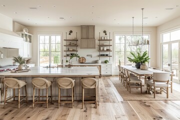 Open concept farmhouse kitchen with light wood floors, large island, barstools, white cabinets, and dining area in neutral color scheme.