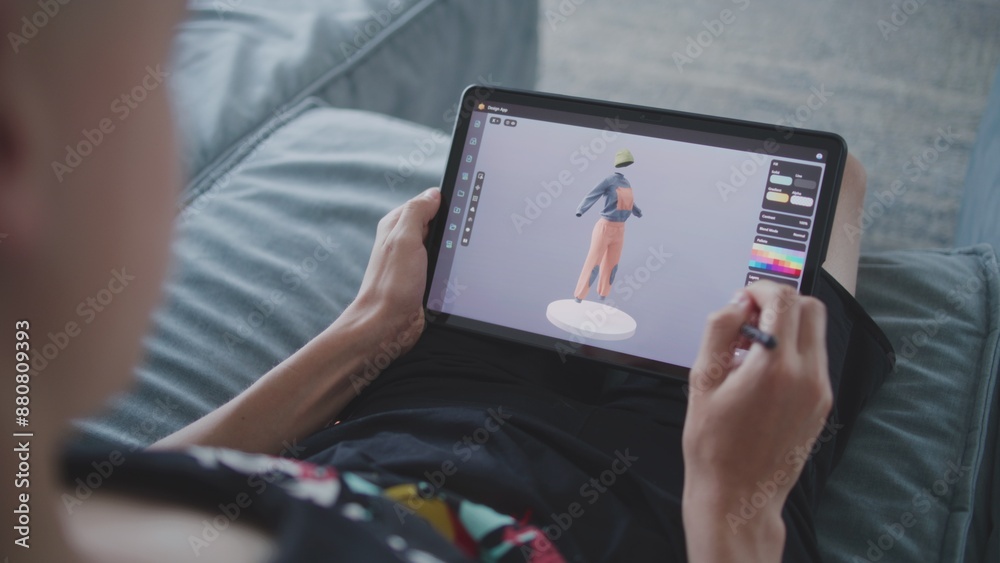 Poster focused teenager draws clothes for game character using 3d modeling program. boy with digital pencil