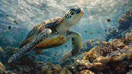 Fototapeta premium A sea turtle nesting among the coral formations, surrounded by a cloud of colorful reef fish