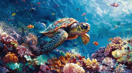 A sea turtle nesting among the coral formations, surrounded by a cloud of colorful reef fish