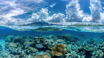 A panoramic view of a coral reef's pinnacle, rising majestically from the ocean floor to the surface