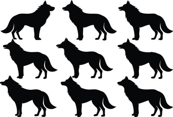 wolf silhouettes, Set of wolf black silhouette vector
