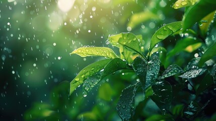Dewy guava leaves glistening in the rain, with water droplets adding to the serene atmosphere