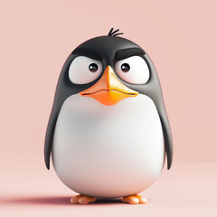 Naklejka premium 3d image of a cute penguin character with frowning eyes and mouth. Staring straight ahead.