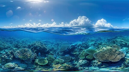 Fototapeta premium A panoramic view of a coral reef's edge, where the vibrant ecosystem meets the deep blue abyss