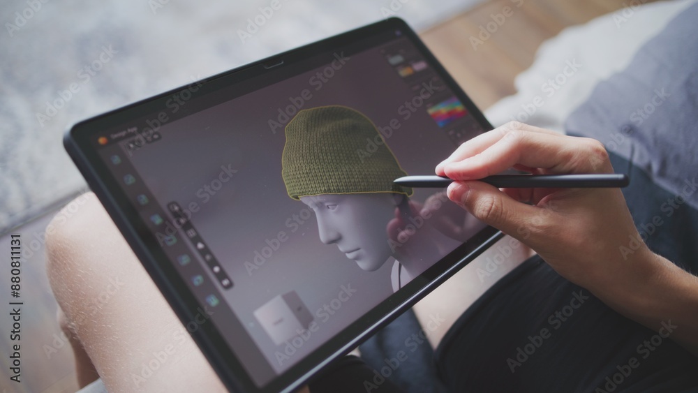 Poster boy with digital stylus and tablet in hands sits at home, creates 3d models. focused teenager draws 