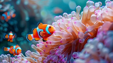 An underwater garden of giant sea anemones hosting a variety of clownfish species