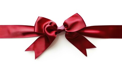 Single red satin gift bow with ribbon on white background