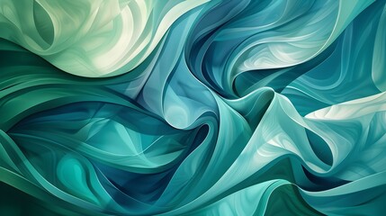 Captivating Abstract Ribbon Dance of Azure Turquoise and Emerald Hues Conveying Depth and Rhythmic Visual Harmony