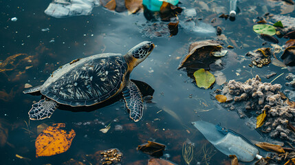 turtles swim in dirty water from garbage