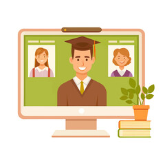 Online School Teacher on Computer Screen Video Lesson Digital Education Vector Illustration