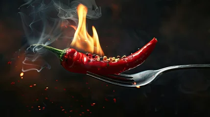 Keuken achterwand Hete pepers Macro shot of a blazing red chili pepper pierced on a fork, emitting flames on a dark, moody background.  © Matcha_09