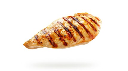 Mouthwatering grilled chicken breast fillet, with appetizing grill marks, flying gracefully on a white background.